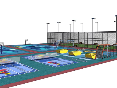 Colorful Outdoor Multi Sport Court With Basketball Hoops Lighting Poles And Yellow Equipment 3d model