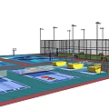 Colorful Outdoor Multi Sport Court With Basketball Hoops Lighting Poles And Yellow Equipment