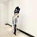 Billboard Featuring Cartoon Police Officer Promoting Mandarin Use In Public Places With Green Plant