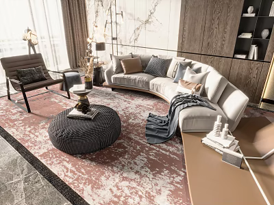 Modern Luxury Living Room Curved Sofa and Round Coffee Table Set with Pillows and Rug 3d model