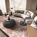Modern Luxury Living Room Curved Sofa and Round Coffee Table Set with Pillows and Rug