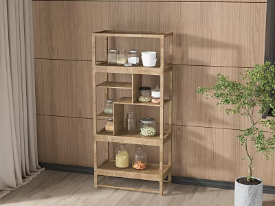 Multi tiered Wooden Buffet Cabinet With Storage Jars Green Plant Against Wooden Wall 3d model