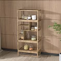Multi tiered Wooden Buffet Cabinet With Storage Jars Green Plant Against Wooden Wall