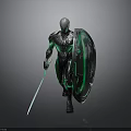 Futuristic Warrior Character In Silver Black Armor With Green Glowing Sword And Shield