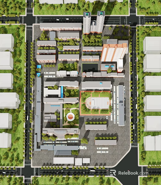 Aerial View Planning of Urban Residential Community With Green Spaces Road Network And Public Facilities 3d model 