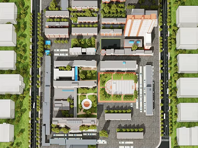 Aerial View Planning of Urban Residential Community With Green Spaces Road Network And Public Facilities 3d model