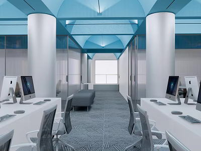 Spacious Public Office Area Interior Design With White Desks Computers Blue Ceiling And Columns 3d model