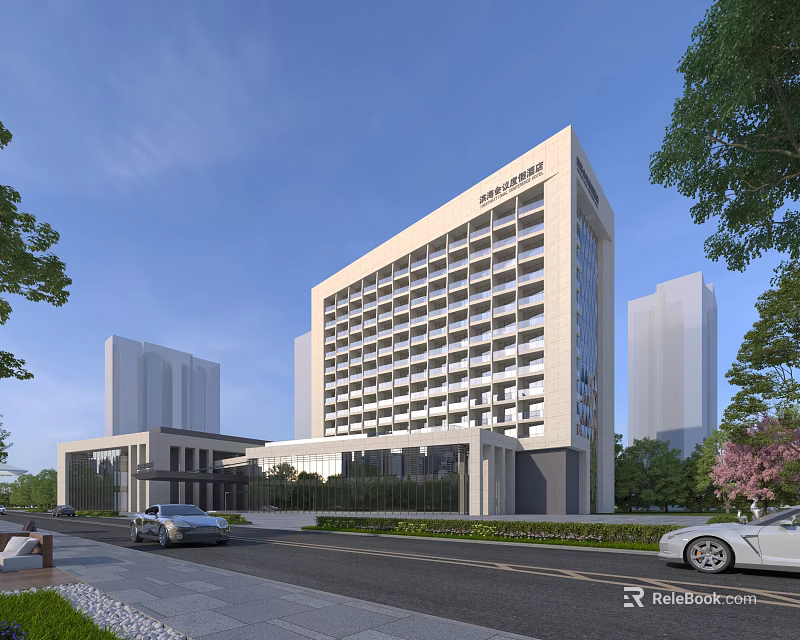 Modern Hotel Building With Multiple Windows Surrounded By Trees Cars On Road Among High-Rise Buildings 3d model 