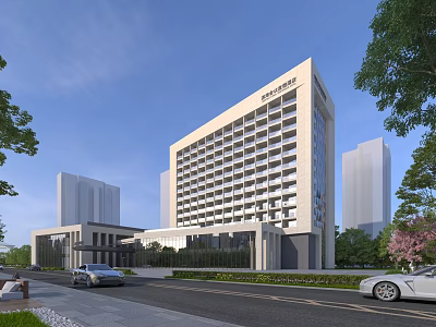 Modern Hotel Building With Multiple Windows Surrounded By Trees Cars On Road Among High-Rise Buildings 3d model