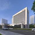 Modern Hotel Building With Multiple Windows Surrounded By Trees Cars On Road Among High-Rise Buildings
