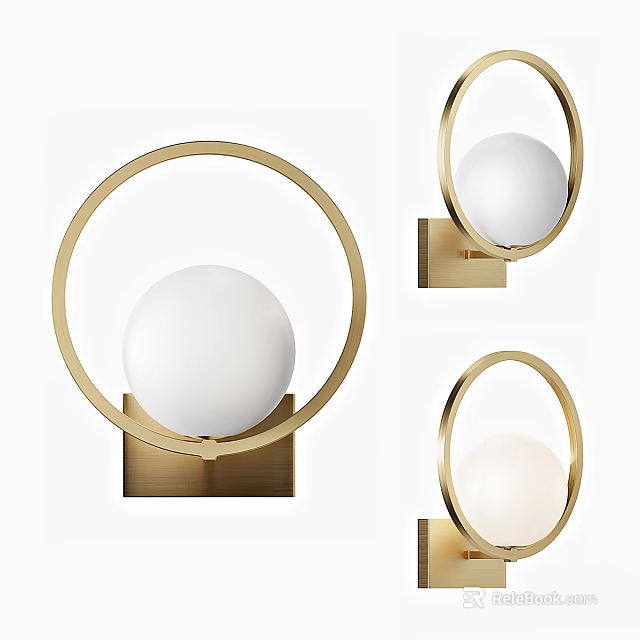 Modern Brass Ring Wall Lamps With White Globe Shade And Square Base 3d model