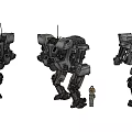 Game Movie Characters Three Large Mechs Central Largest with Small Human Figure on Black Background
