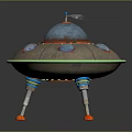 Alien Character And Extraterrestrial Being In UFO With Transparent Dome Green Ring And Colored Structures