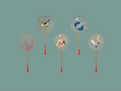 Fan Shaped Wall Decor with Bird Fish Flower Butterfly and Plant Patterns and Red Tassels 3d model