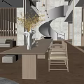 Modern Hotel Public Lounge With Comfortable Seating Decorative Chandelier And Wooden Partitions