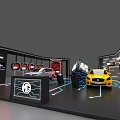 Modern Car Exhibition Booth Featuring White And Yellow Cars With Display Screens And Circuit Lines