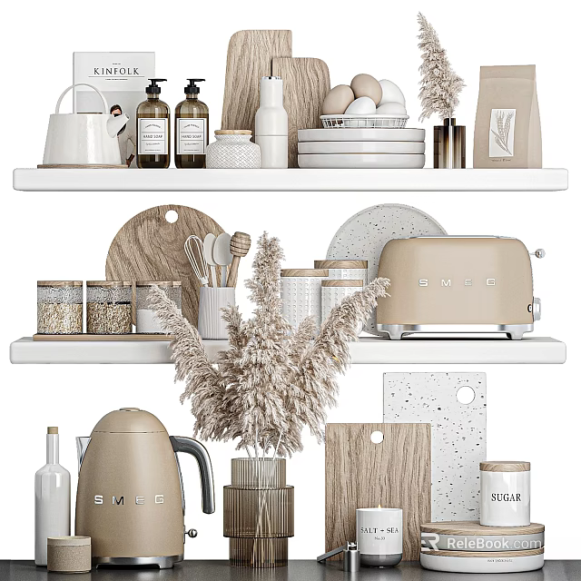 Elegant Decorative Ornament Combination With Wooden Marble Accents Toaster Kettle And Pampas Grass On Shelves 3d model 