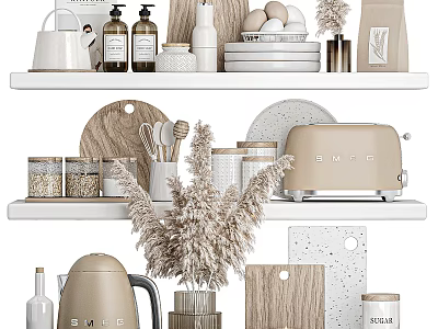 Elegant Decorative Ornament Combination With Wooden Marble Accents Toaster Kettle And Pampas Grass On Shelves 3d model