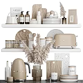 Elegant Decorative Ornament Combination With Wooden Marble Accents Toaster Kettle And Pampas Grass On Shelves