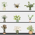 Various Decorative Vases With Fresh Flowers Arranged On White Shelves