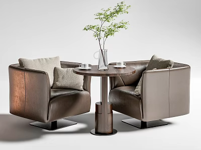 Leisure Sofa Set With Two Brown Leather Sofas Throw Pillows And Wooden Coffee Table 3d model