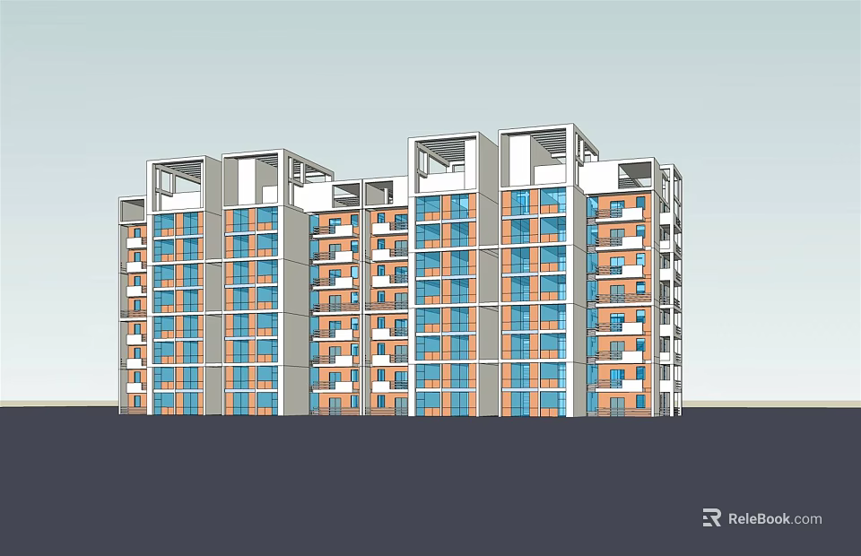 Modern Multi Story Residential Building With Orange Blue Exterior And White Balconies 3d model 