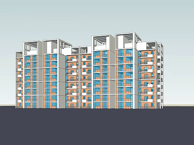 Modern Multi Story Residential Building With Orange Blue Exterior And White Balconies 3d model