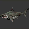 Mutant Shark 3D Model With Green Body Red Teeth And Claws On Gray Background