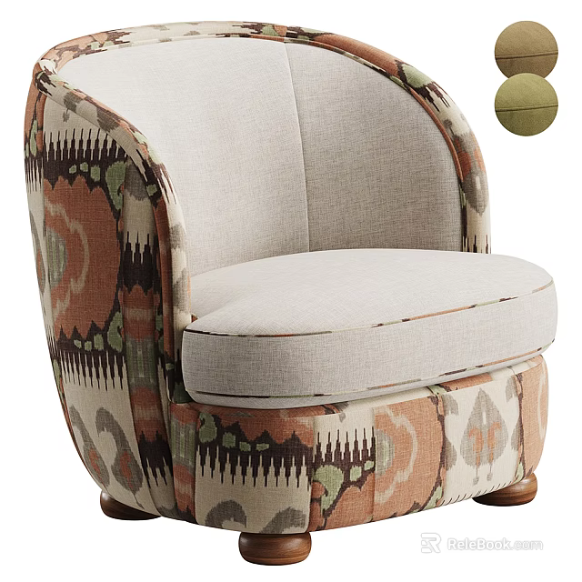 Upholstered Single Sofa Featuring Beige Base Brown Green Geometric Pattern And Curved Armrest 3d model