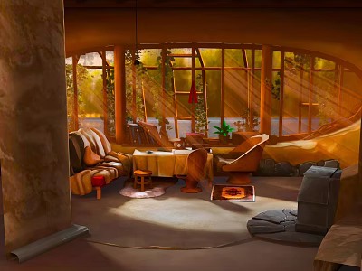 Cartoon Scene Sunlit Room With Large Windows Plants Sofa Table Rug And Stone Decor 3d model