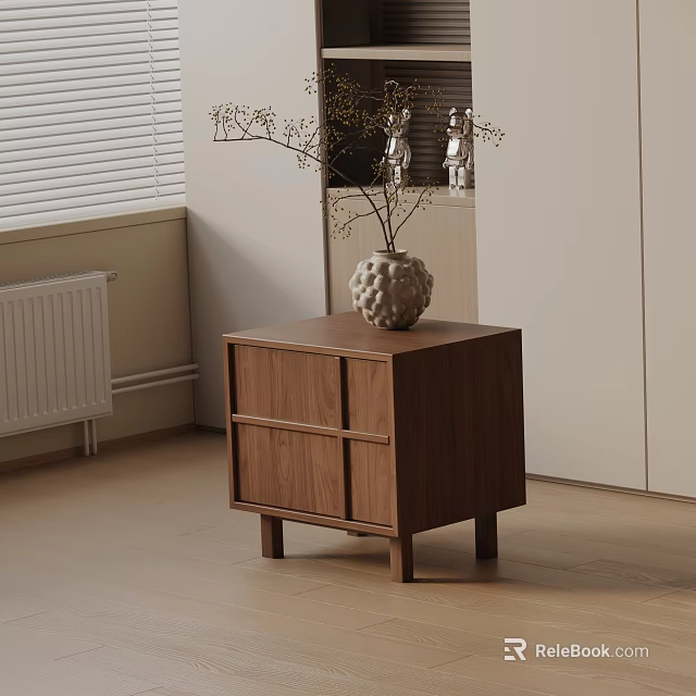 Walnut Nightstand Cabinet With Decorative Vase And Dried Branches In Modern Bedroom Interior 3d model 