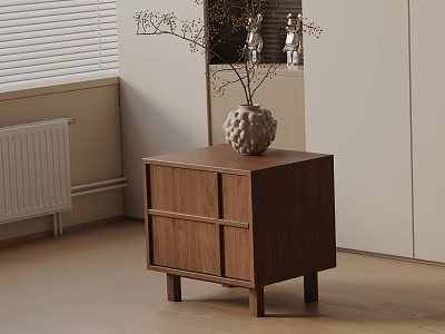 Walnut Nightstand Cabinet With Decorative Vase And Dried Branches In Modern Bedroom Interior 3d model