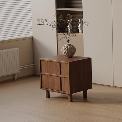 Walnut Nightstand Cabinet With Decorative Vase And Dried Branches In Modern Bedroom Interior 3d model