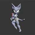 Stylized White Cat Character With Large Ears Holding Red Beverage and Patterned Shorts 3d model