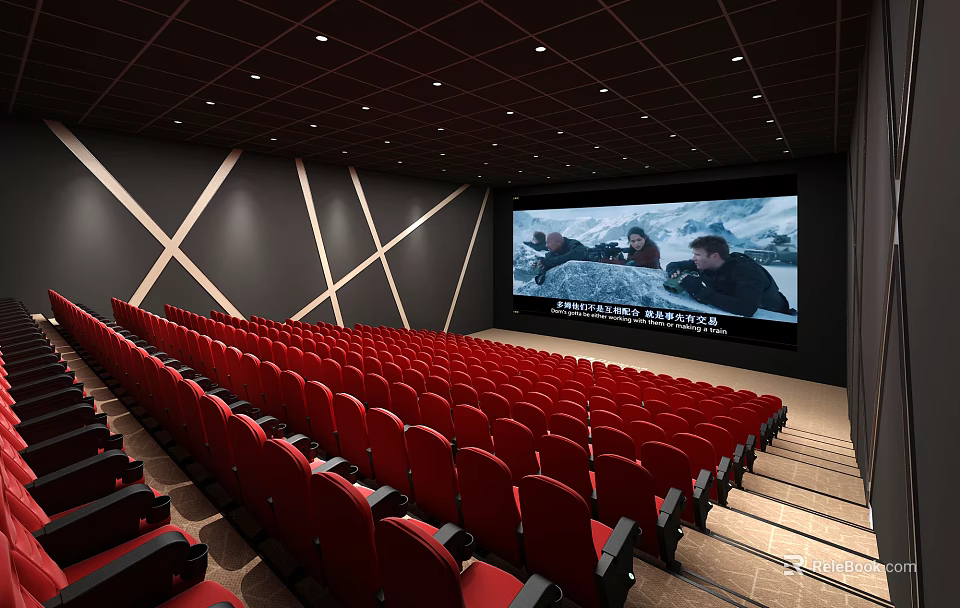 Modern Cinema Interior Featuring Red Seats Large Screen And Geometric Wall Design 3d model