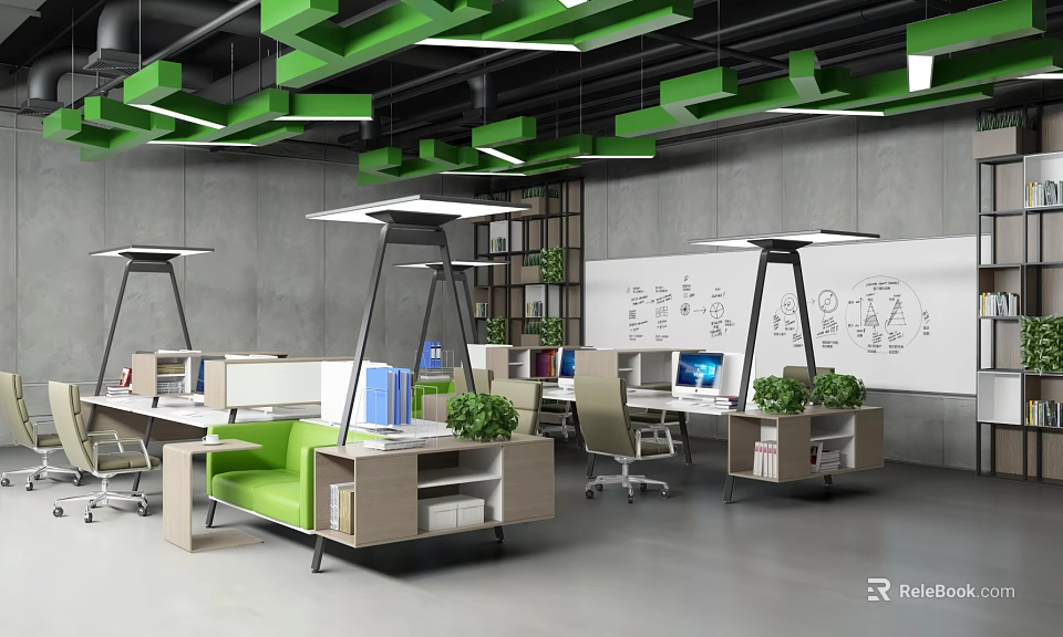 Modern Green Open Office Workspace Design With Desks Plants And Whiteboard 3d model 