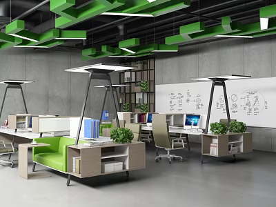 Modern Green Open Office Workspace Design With Desks Plants And Whiteboard 3d model