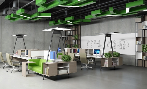 Industrial wind open office area special-shaped desk special-shaped ceiling 3d model