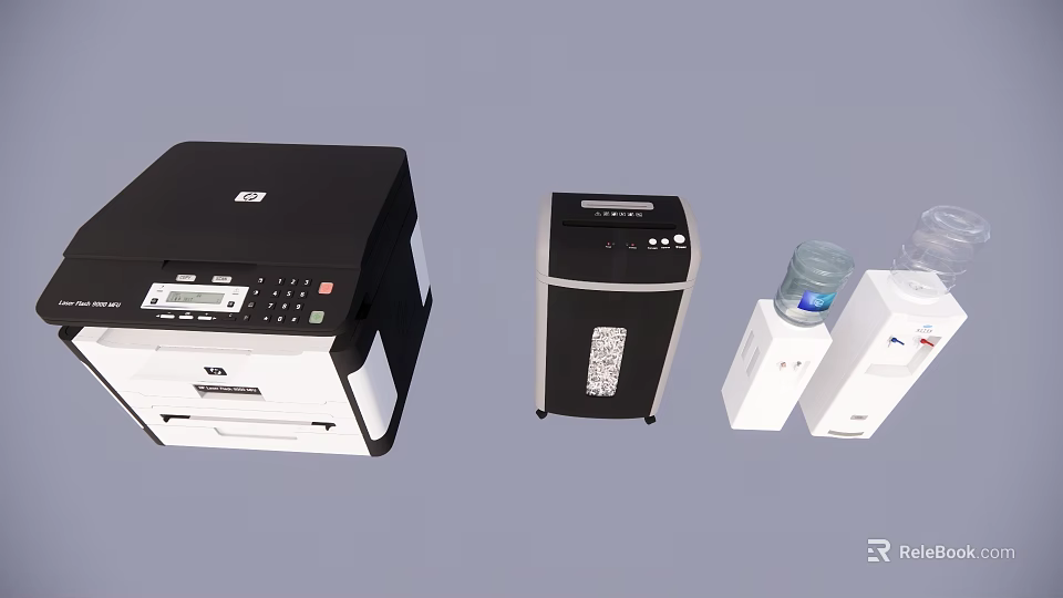 Modern HP Multifunction Printer Black Shredder And Water Dispenser Office Setup 3d model