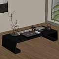 Modern Minimalist Tea Set On Black Tea Table With Decorative Plant And Accessories