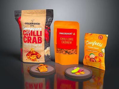 Assorted Spicy Snack Packaging Including Chilli Crab Cashew And Fruit Flavors 3d model