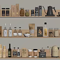 Organized Food Storage Shelves With Coffee Jars Bottles Grinder And Containers