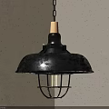Industrial Style Black Pendant Light With Wooden Top Metal Cage And Glowing Bulb