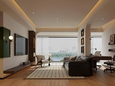 Modern Living and Dining Room Interior Design With Leather Sofa Wooden Floor And Large Window View 3d model