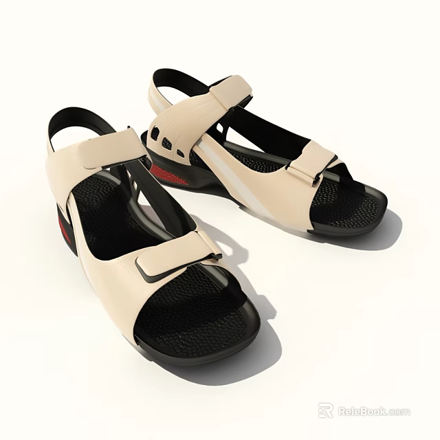 Beige And Black Casual Sandals With Red Sole Straps And Breathable Mesh Design 3d model 