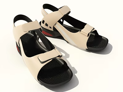 Beige And Black Casual Sandals With Red Sole Straps And Breathable Mesh Design 3d model