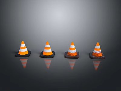 Four Orange And White Striped Traffic Cones Arranged On Gray Background Surface 3d model
