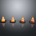 Four Orange And White Striped Traffic Cones Arranged On Gray Background Surface