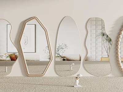Various Shaped Decorative Mirrors Hanging On Wall In Modern Home Living Space 3d model