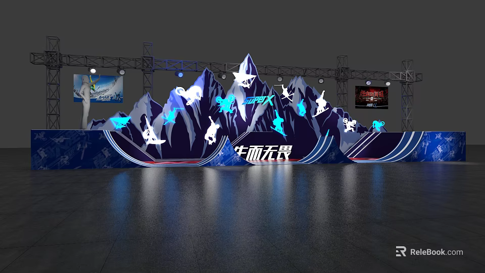 Gorgeous Cloud Fashion Stage With Mountain Shapes Skier Silhouettes Blue Lighting And Screens 3d model 